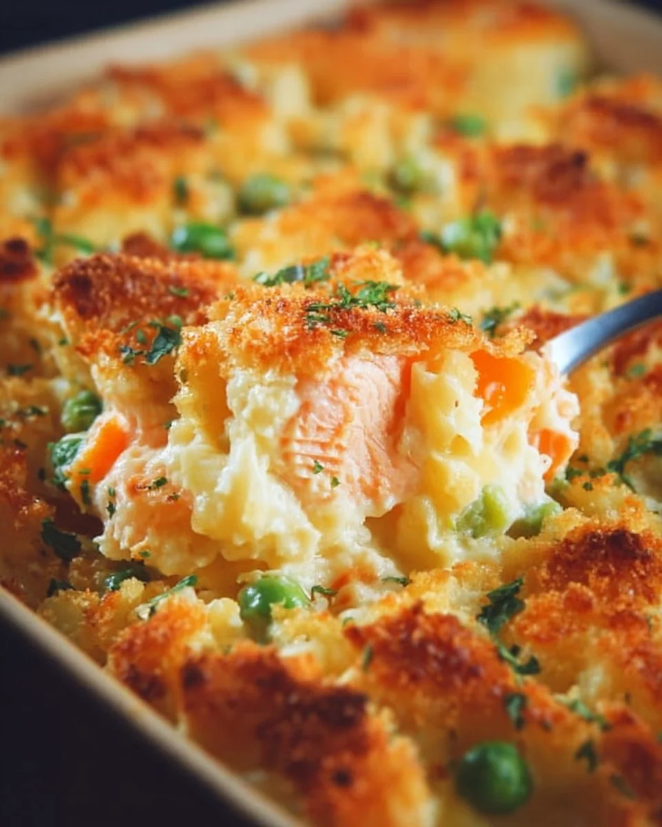 Easy baked salmon casserole served in a colorful dish