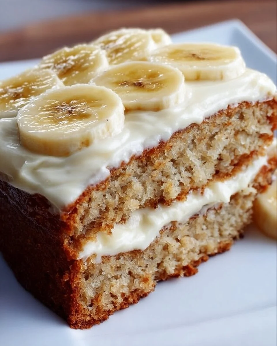 Delicious easy banana bread cake with cream cheese frosting and banana slices