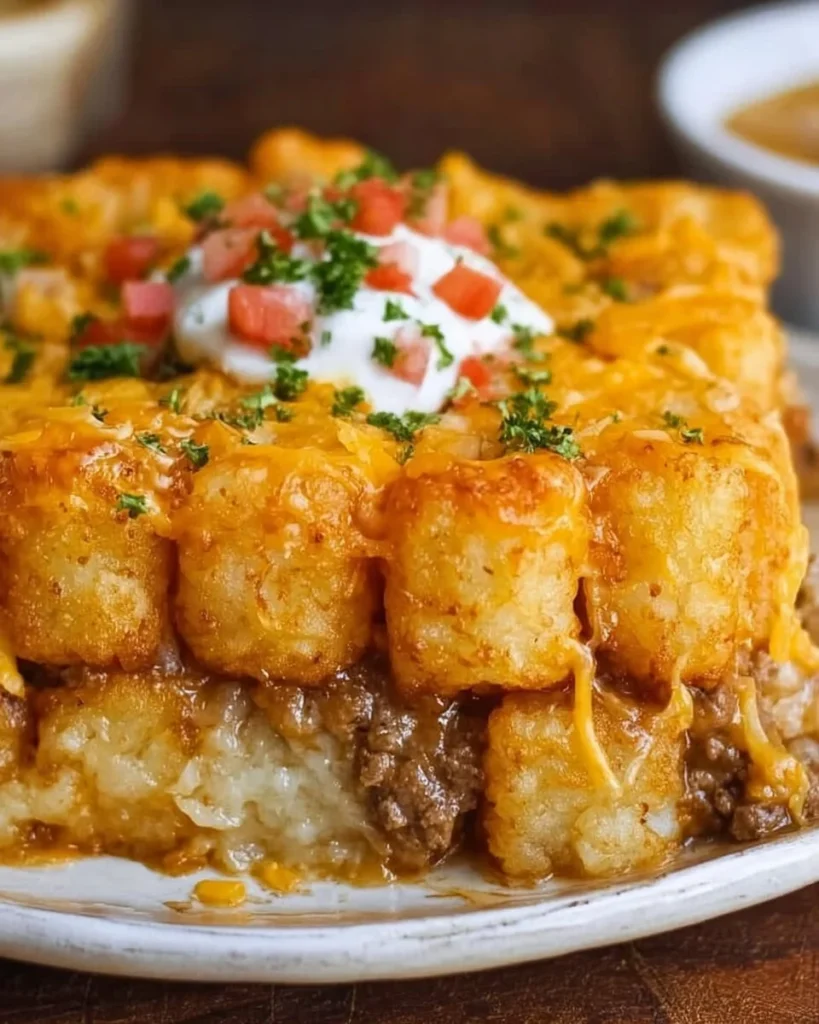 Easy Big Mac Tater Tot Casserole topped with cheese and pickles