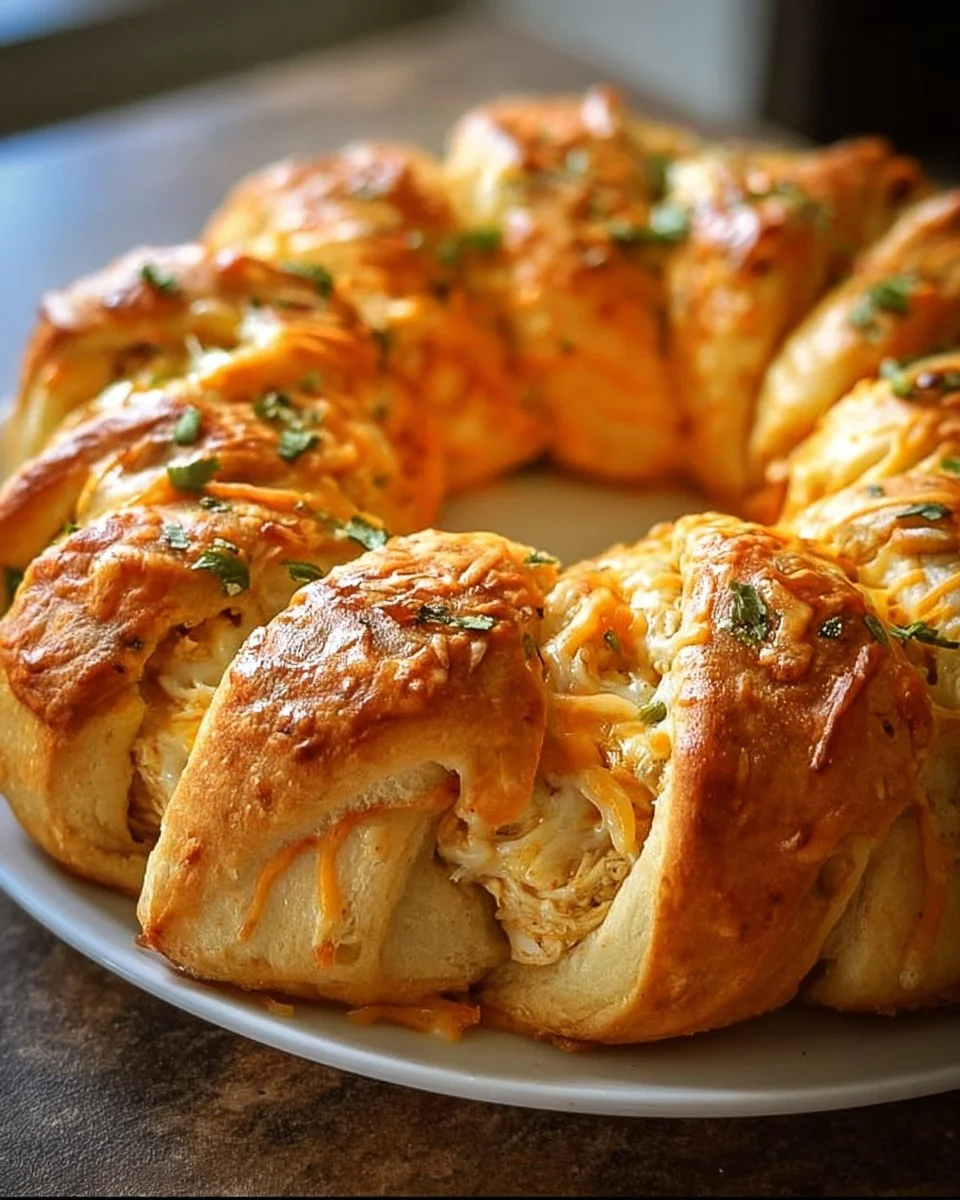 Easy Buffalo Chicken Crescent Roll Ring served on a plate