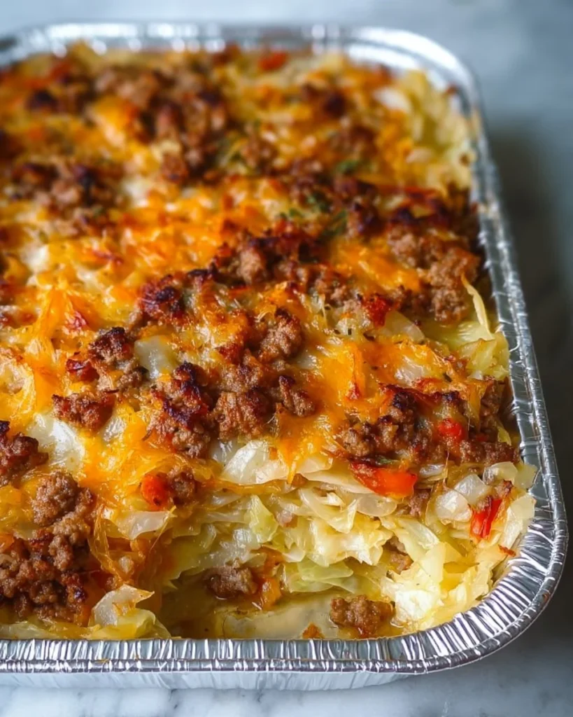 Delicious easy cabbage hamburger casserole baked in a dish