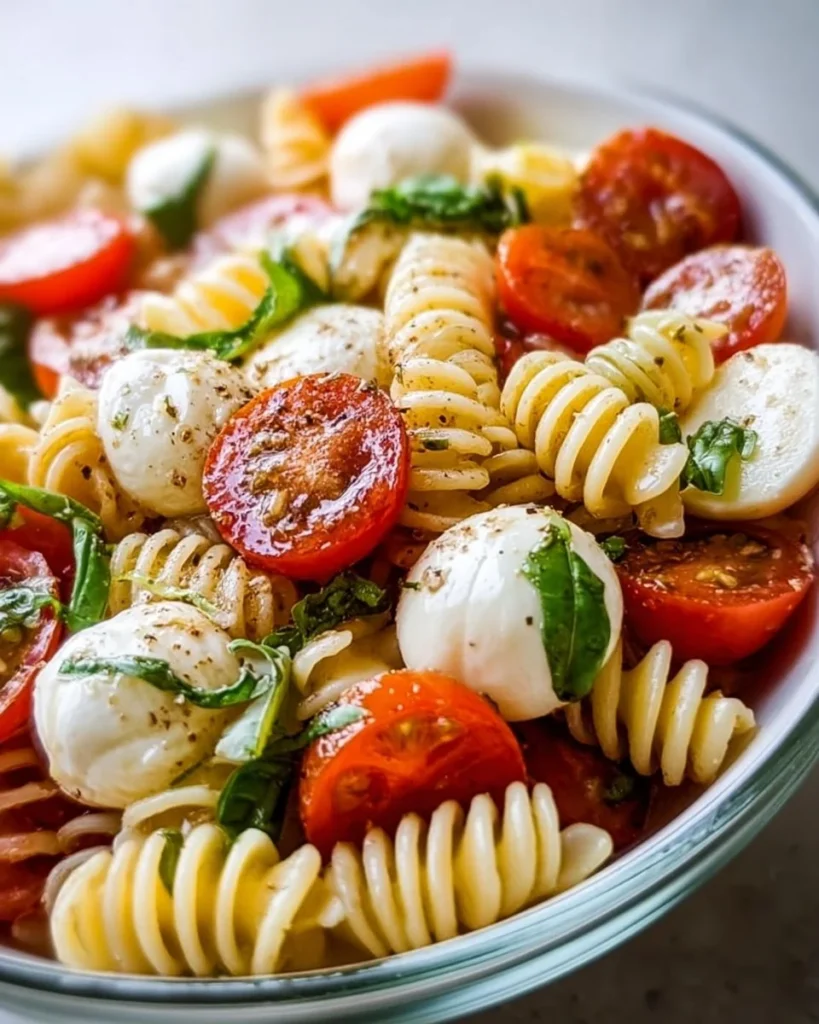 Bowl of easy Caprese Pasta Salad with fresh tomatoes, mozzarella, and basil.