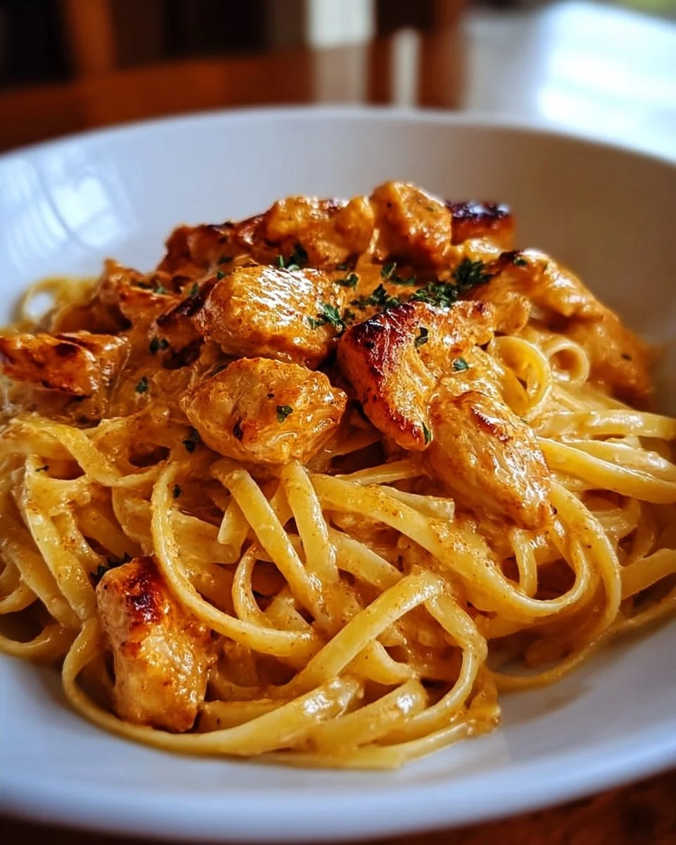 Plate of Easy Cowboy Butter Chicken Linguine topped with herbs and spices