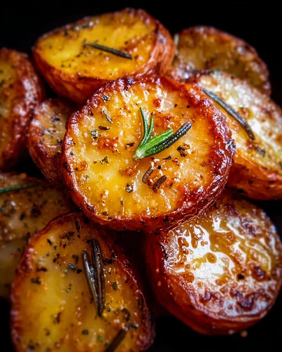Crispy roasted red potatoes served on a plate with herbs and seasoning.