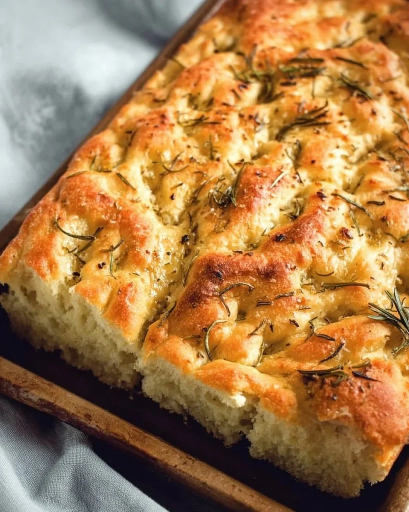 Homemade easy focaccia bread topped with herbs and olive oil
