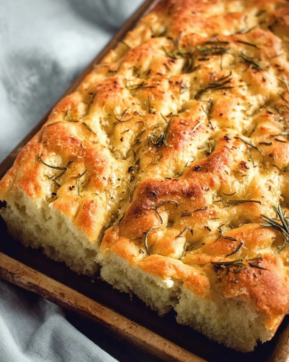 Homemade easy focaccia bread topped with herbs and olive oil