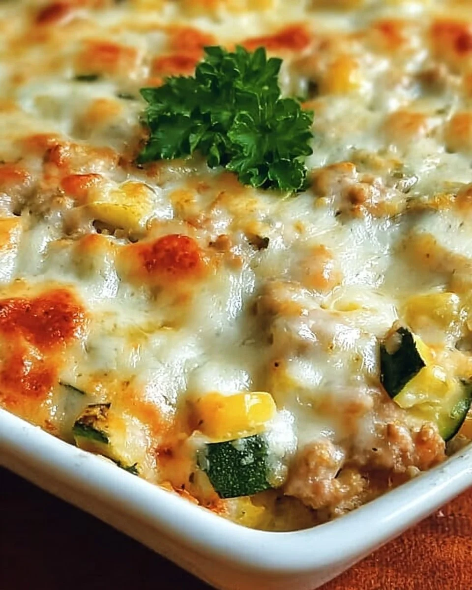 Delicious easy ground turkey zucchini casserole served in a dish
