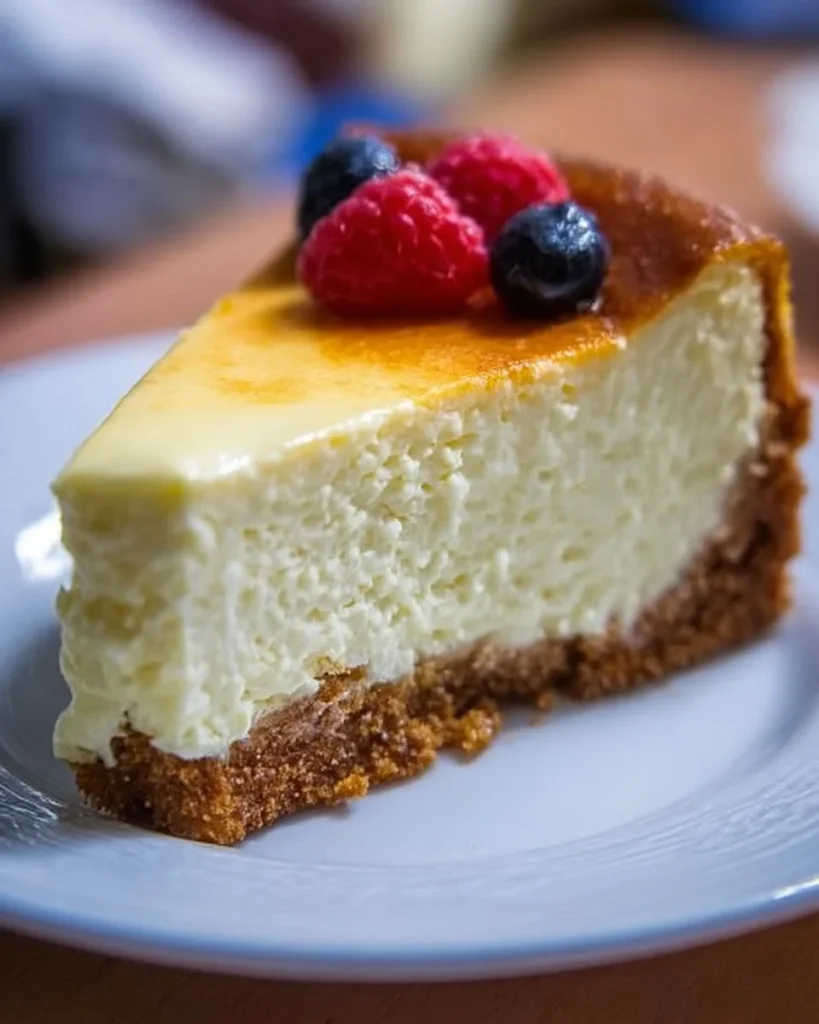 Delicious homemade cheesecake slice on a plate with fresh berries.