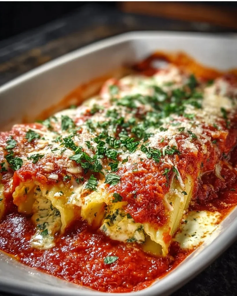 A plate of easy homemade manicotti filled with cheese and covered in marinara sauce