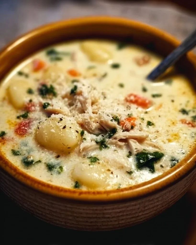 Bowl of homemade chicken gnocchi soup inspired by Olive Garden recipe