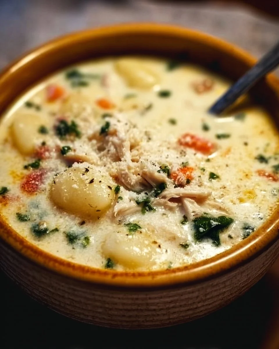 Bowl of homemade chicken gnocchi soup inspired by Olive Garden recipe