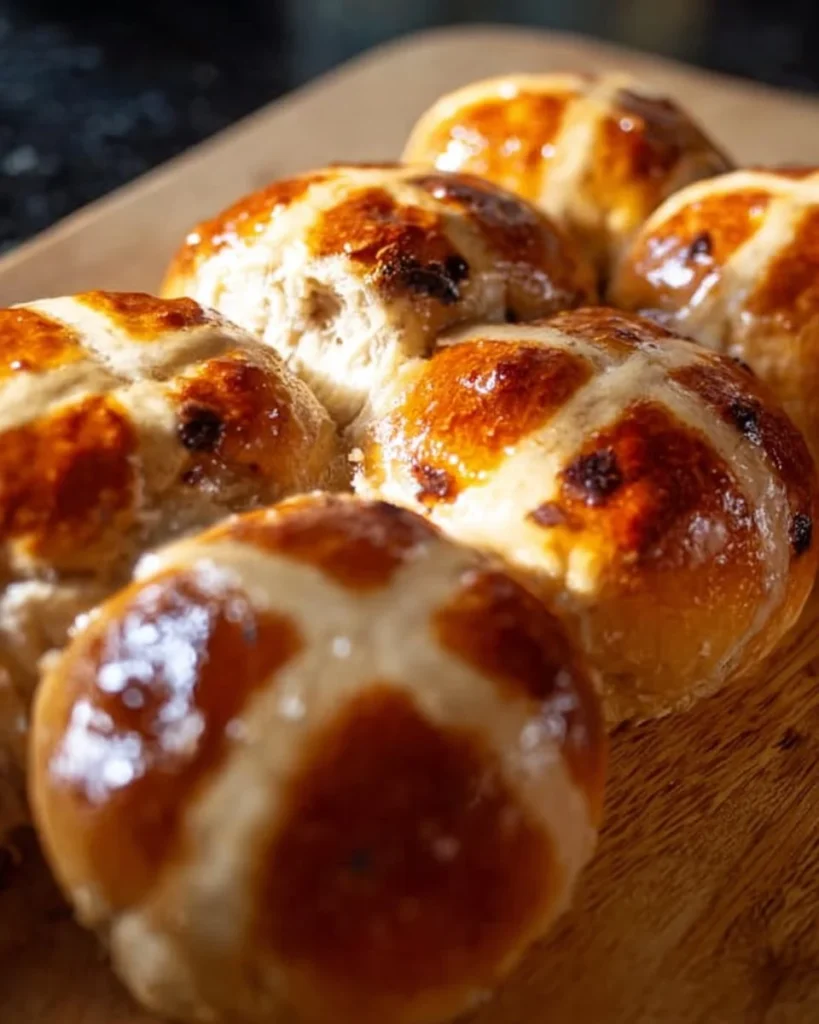 Freshly baked hot cross buns on a cooling rack.