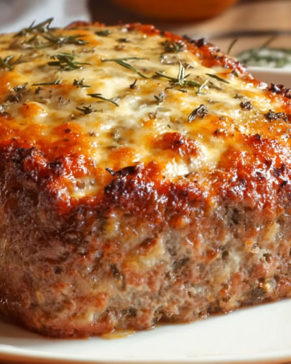 Delicious easy Italian meatloaf served with herbs and sauce