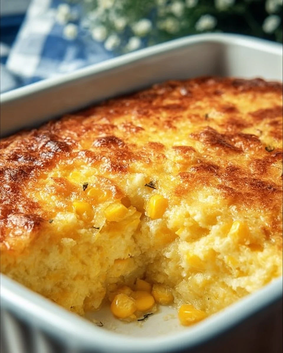 Easy Jiffy corn casserole served in a baking dish