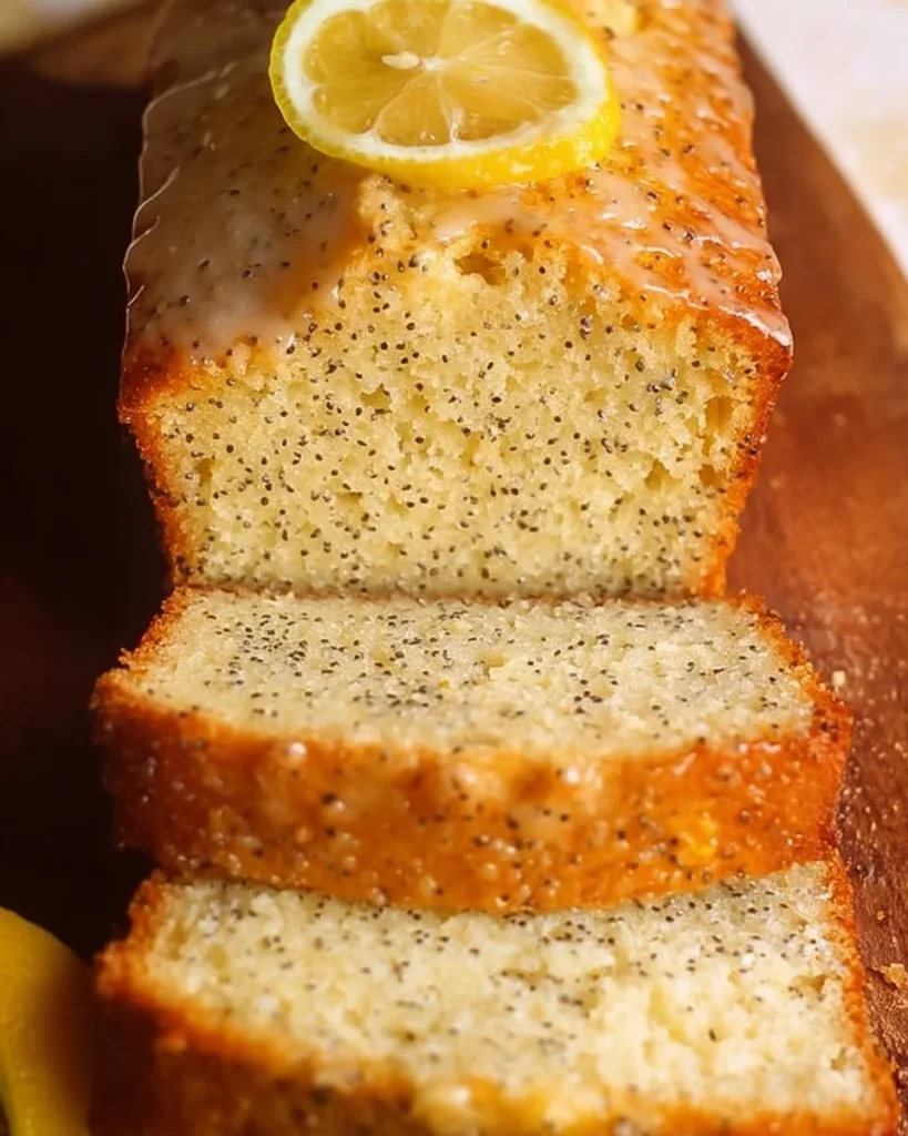 Delicious slice of easy lemon poppyseed cake with lemon glaze