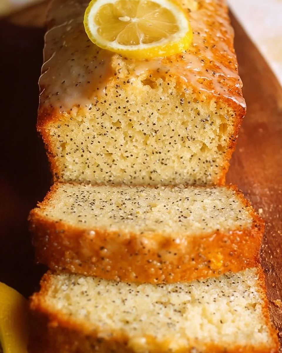 Delicious slice of easy lemon poppyseed cake with lemon glaze