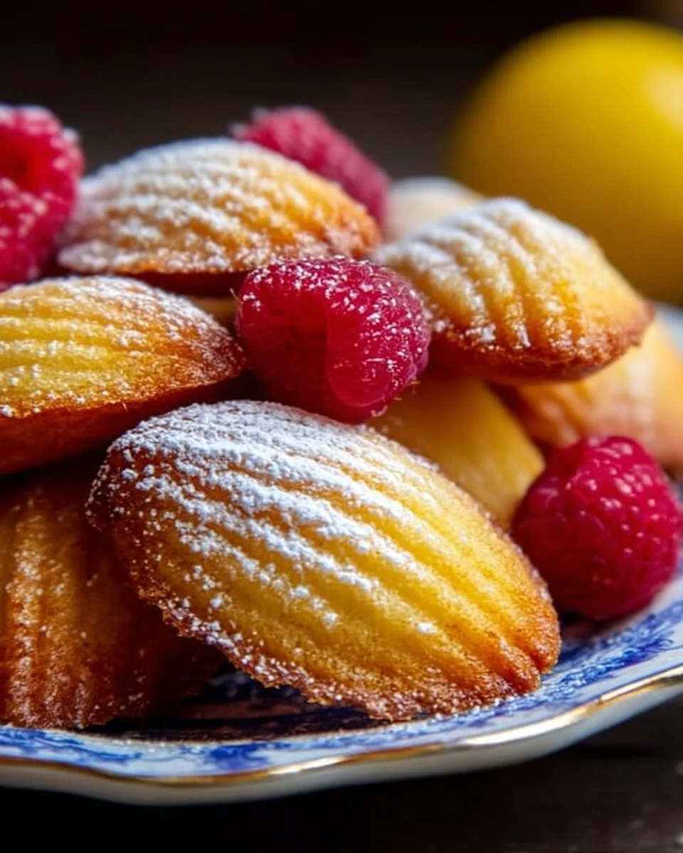 Delicious lemon raspberry madeleines baking on a cooling rack