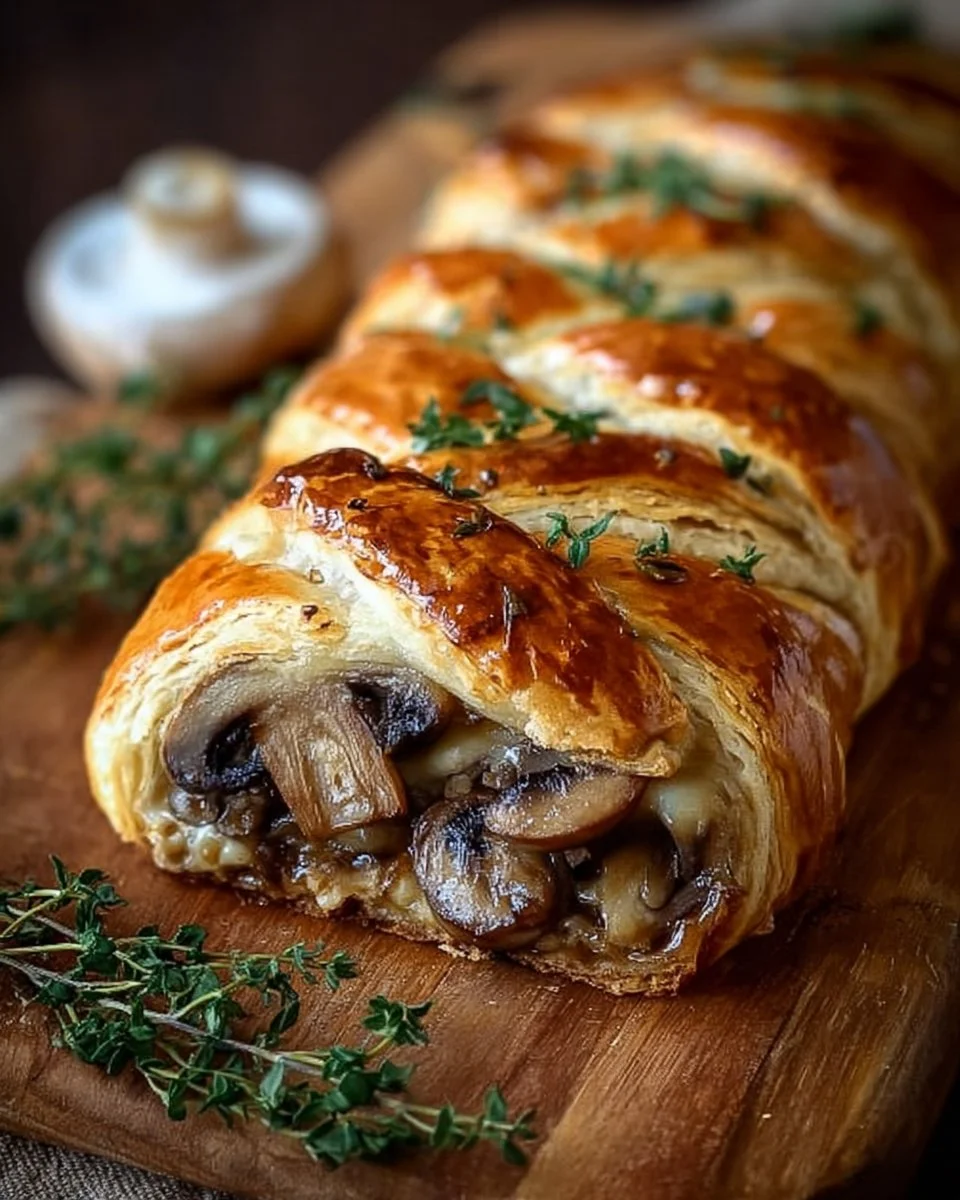 Mushroom and Gruyère puff pastry braid on a wooden table