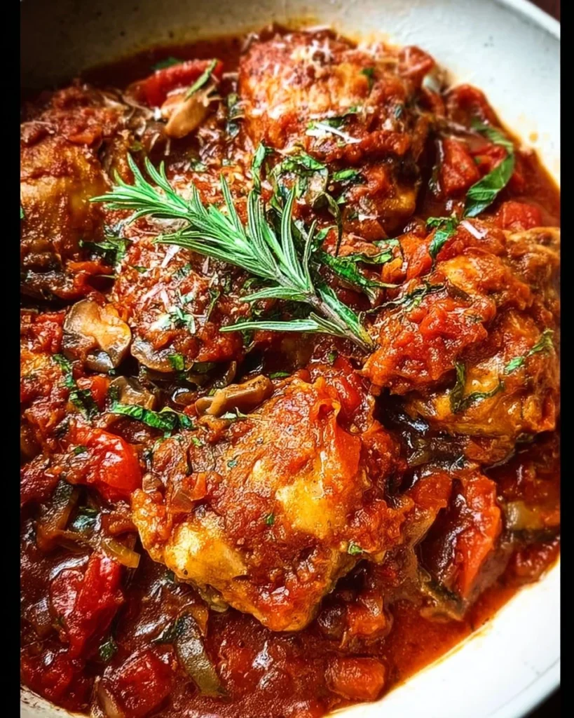 Delicious easy one-pot chicken cacciatore served with fresh herbs and vegetables