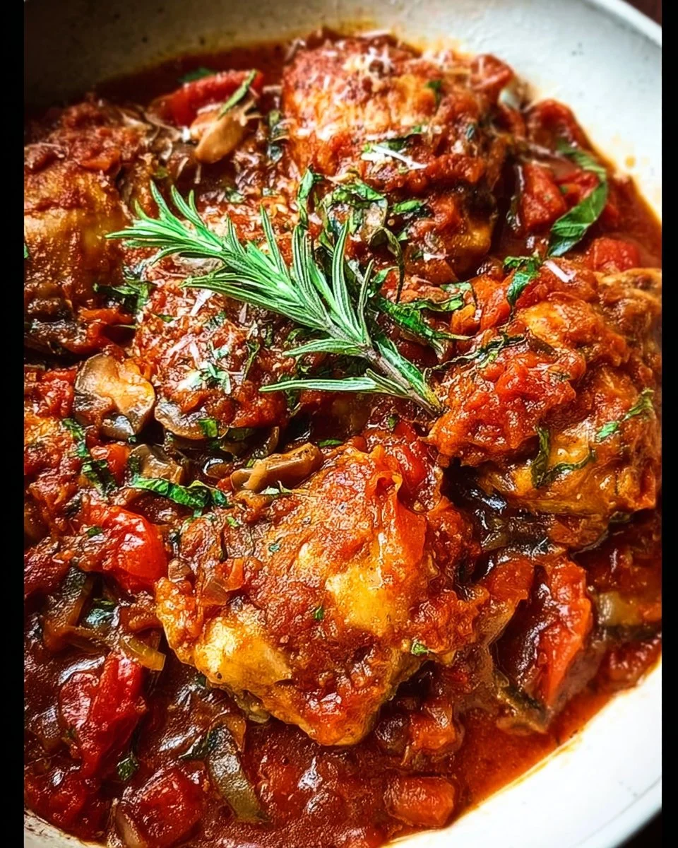 Delicious easy one-pot chicken cacciatore served with fresh herbs and vegetables