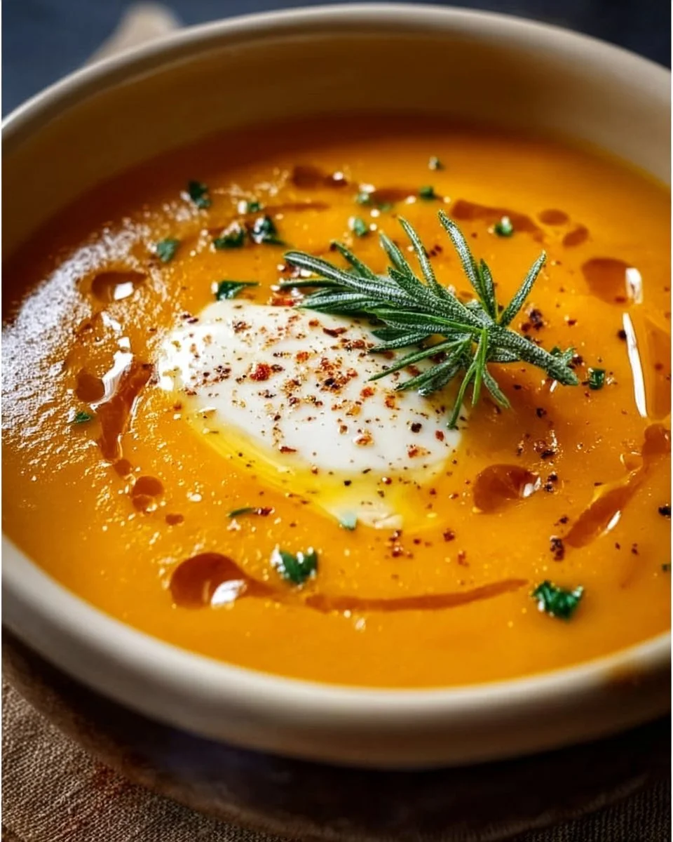 Bowl of creamy pumpkin soup with coconut milk garnished with herbs
