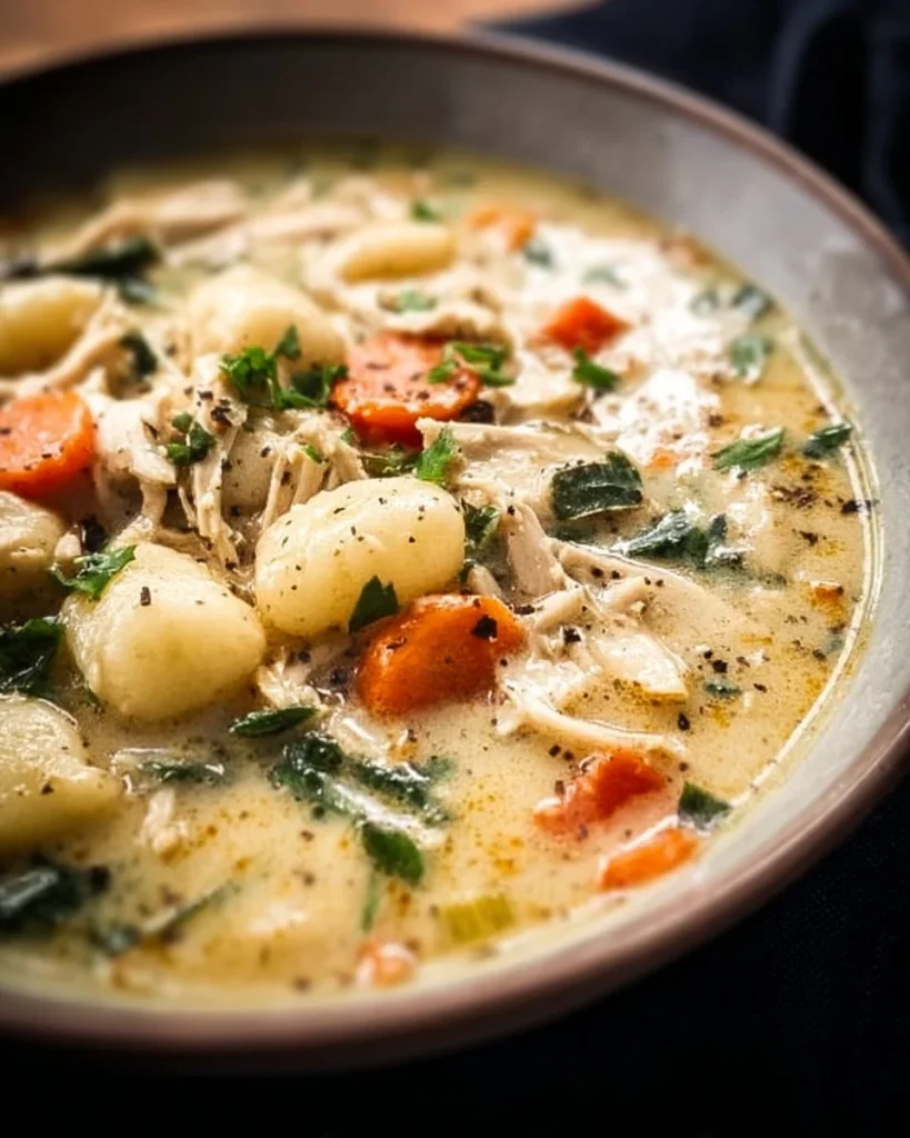 Bowl of Easy Rotisserie Chicken Gnocchi Soup garnished with herbs