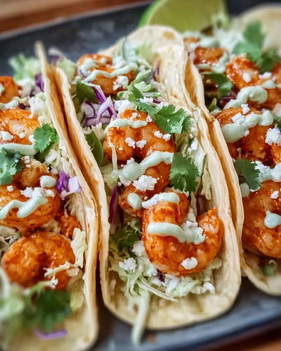 Plate of easy shrimp tacos garnished with fresh toppings