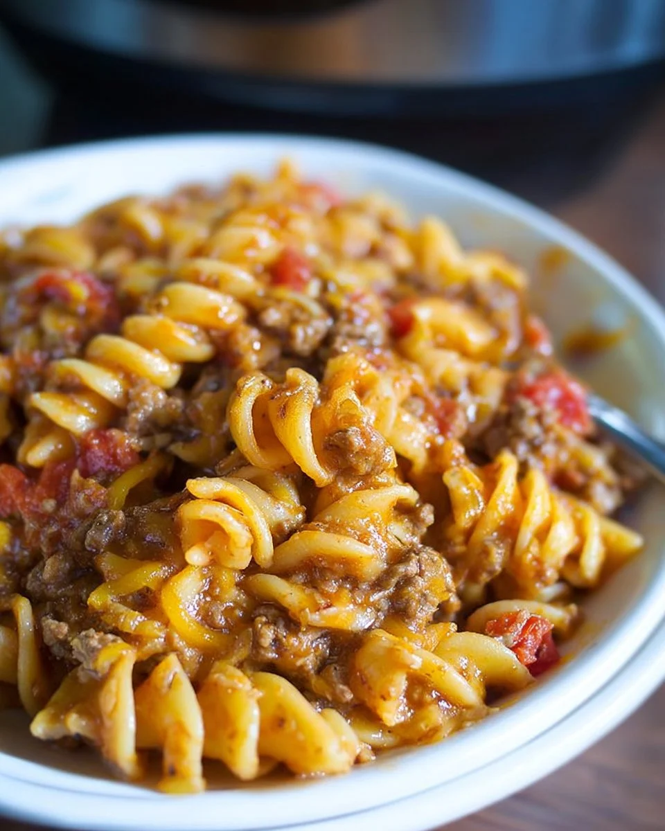 Bowl of easy slow cooker taco pasta with cheese and toppings