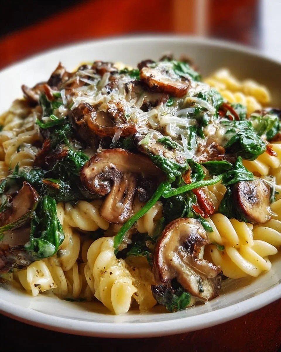 Delicious easy spinach mushroom pasta topped with grated cheese.