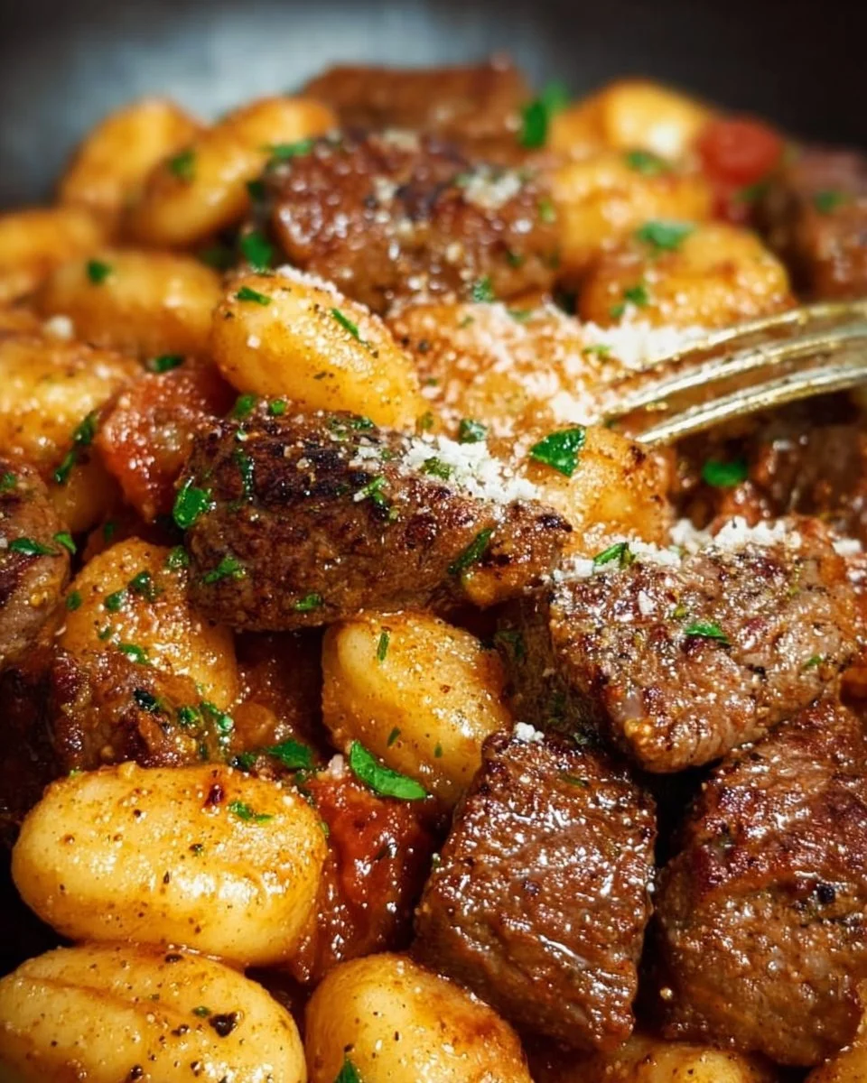 Delicious easy steak bites served with gnocchi on a plate