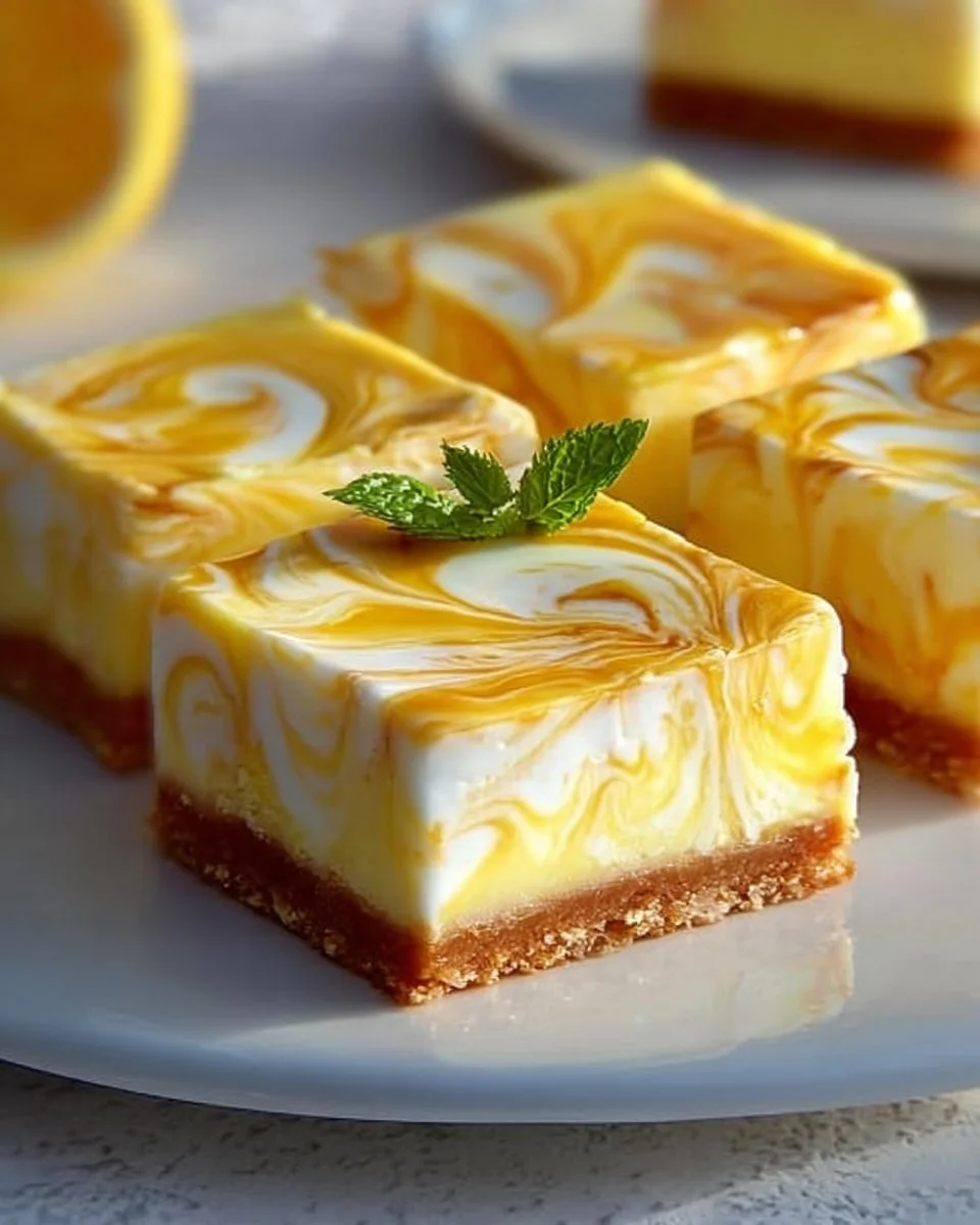 Elegant lemon marbled cheesecake bars topped with zesty lemon swirls