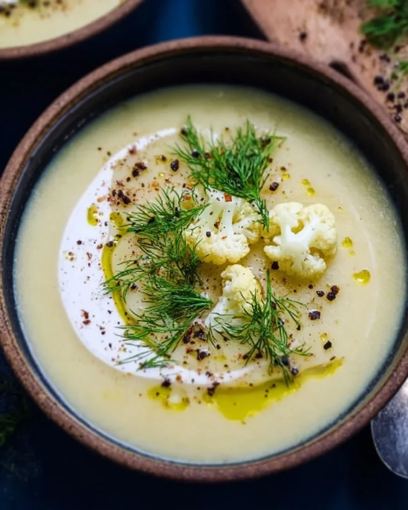 Bowl of flavorful cauliflower and fennel soup garnished with herbs