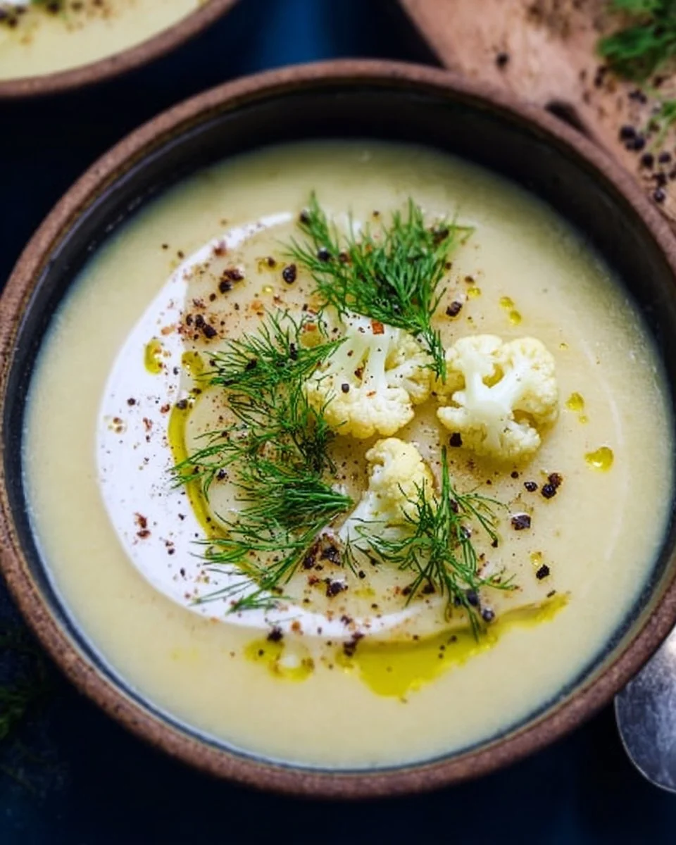 Bowl of flavorful cauliflower and fennel soup garnished with herbs