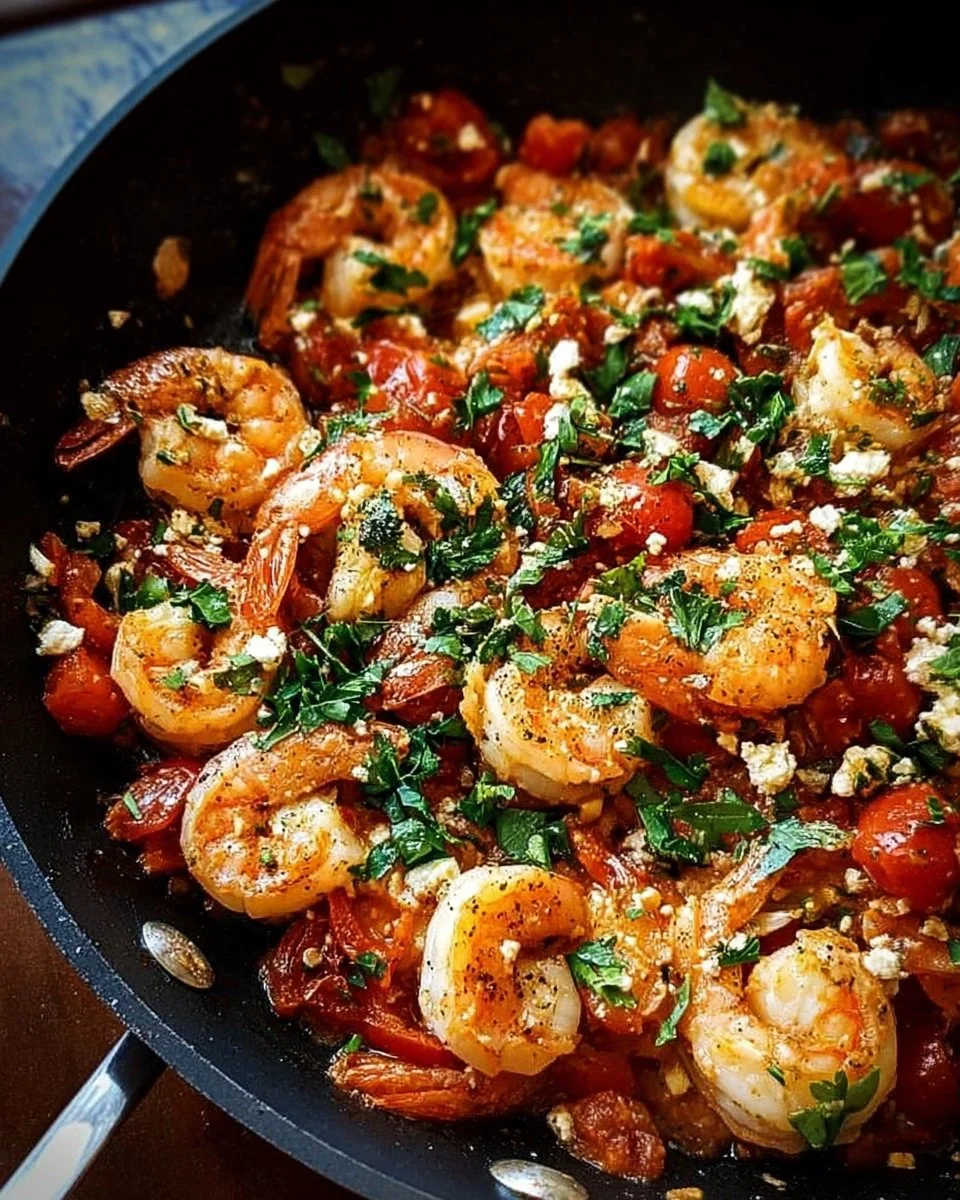 Flavorful Mediterranean shrimp skillet topped with fresh herbs and vegetables