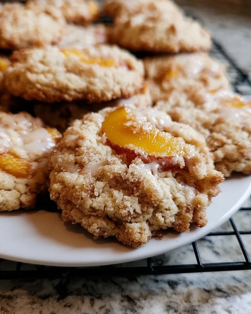 Fluffy peach cobbler cookies topped with fresh peach slices