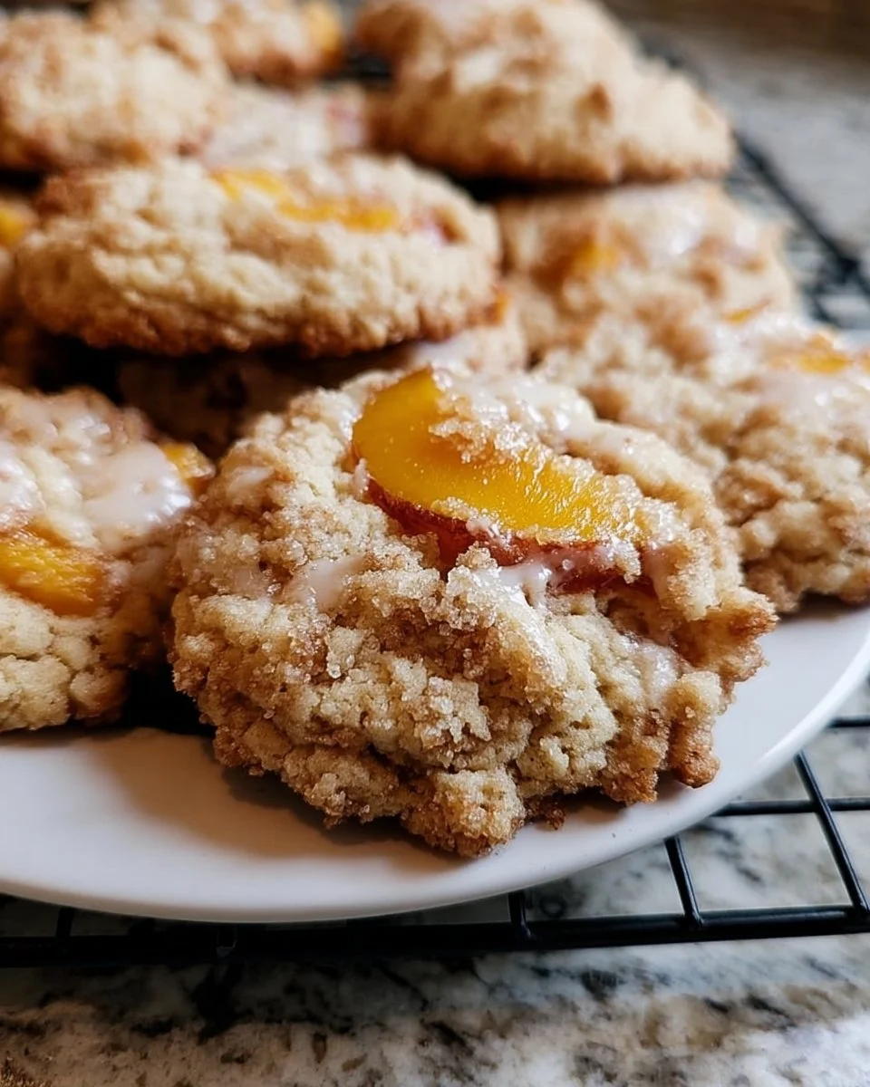 Fluffy peach cobbler cookies topped with fresh peach slices