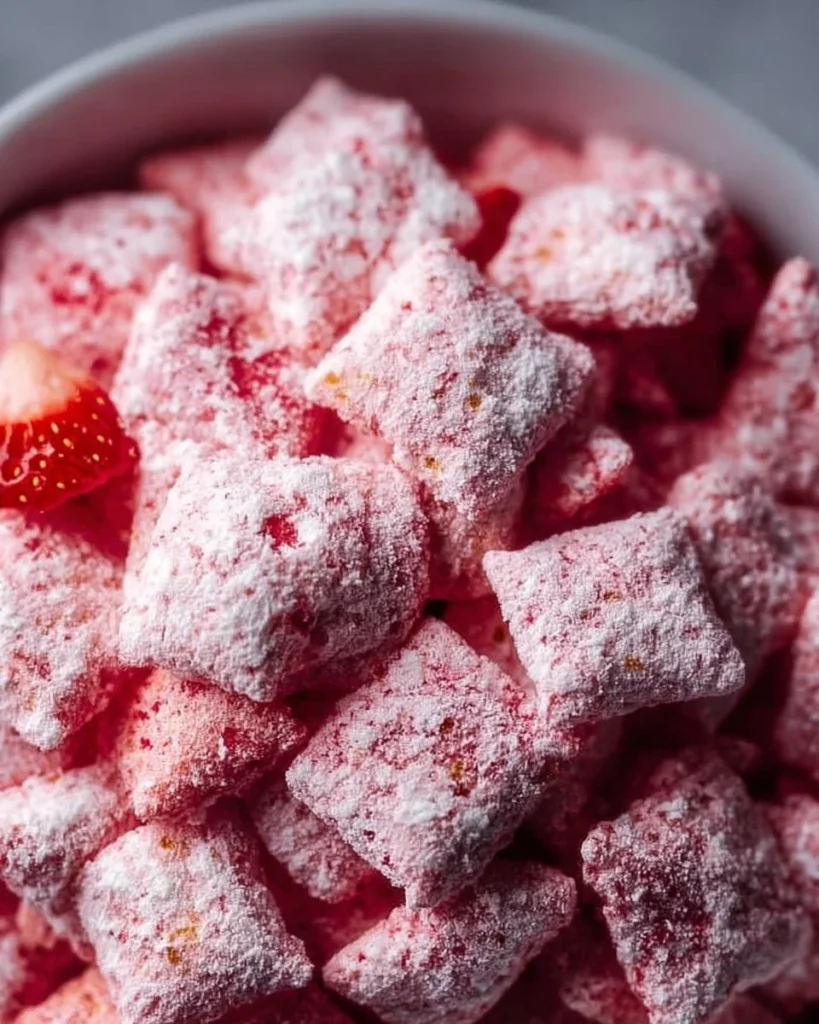 Fluffy strawberry shortcake puppy chow with fresh strawberries and cream