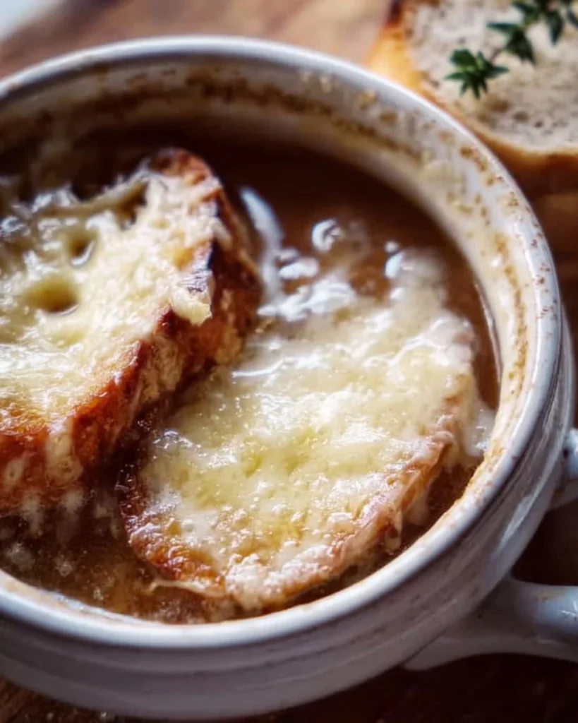 A bowl of delicious French Onion Soup topped with melted cheese and caramelized onions.