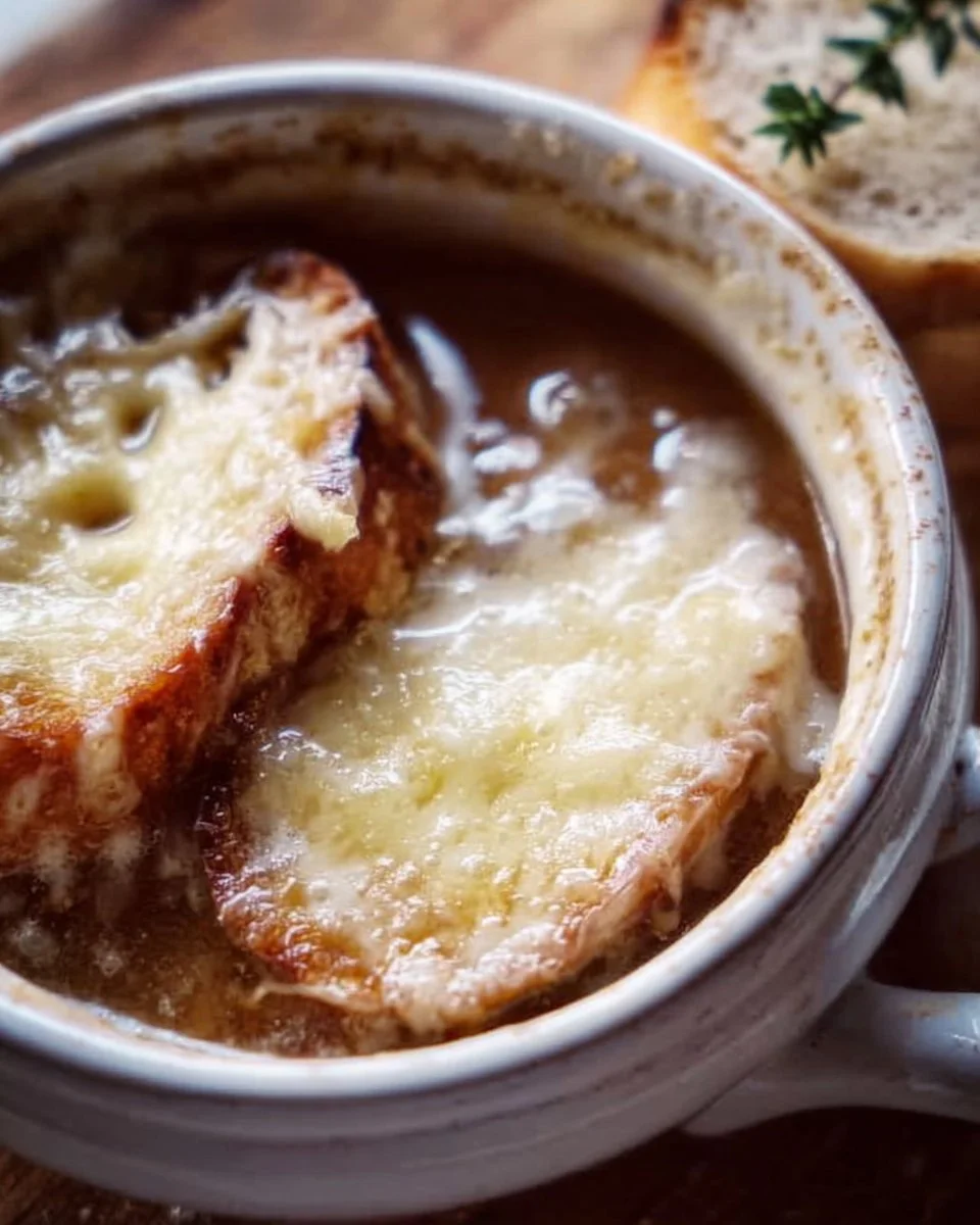 A bowl of delicious French Onion Soup topped with melted cheese and caramelized onions.