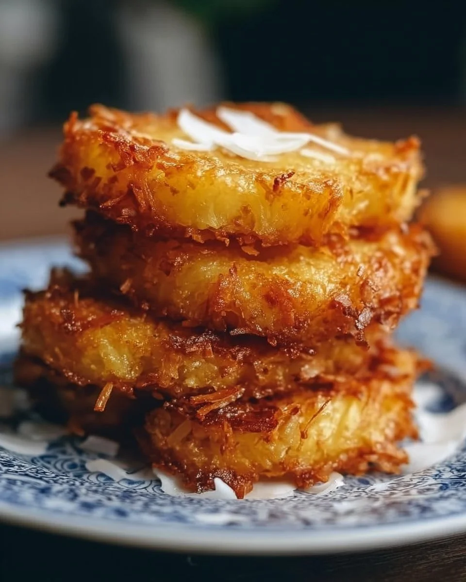 Delicious fried pineapple slices coated in a crispy coconut crust.