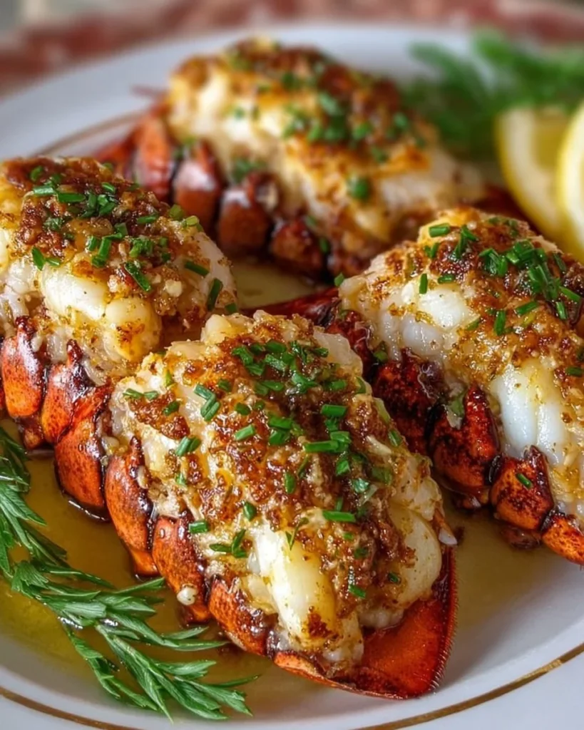 Delicious garlic butter lobster tails garnished with herbs and lemon