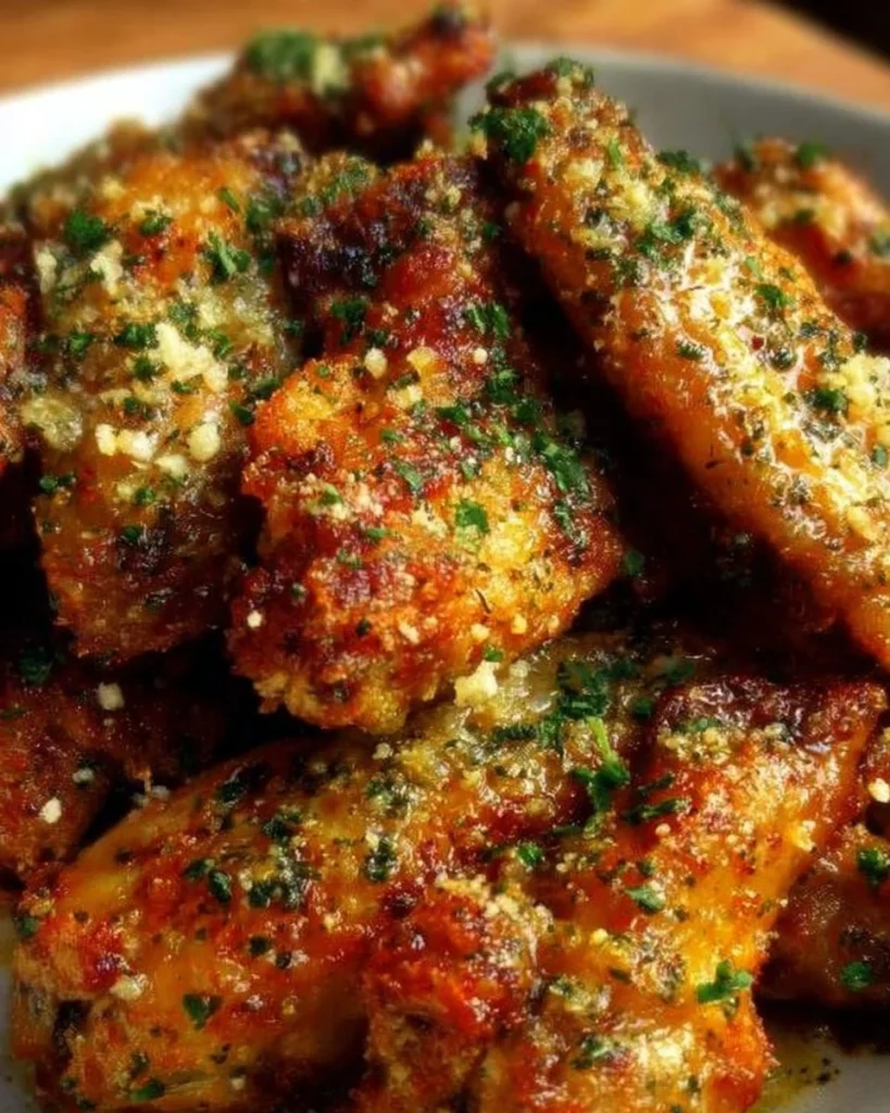 Crispy Garlic Parmesan Chicken Wings served on a plate with garnish