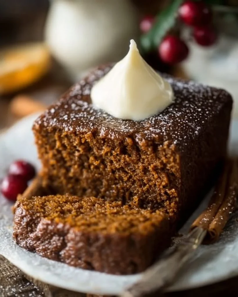 Delicious homemade Gingerbread Cake with spices and frosting on a festive table.