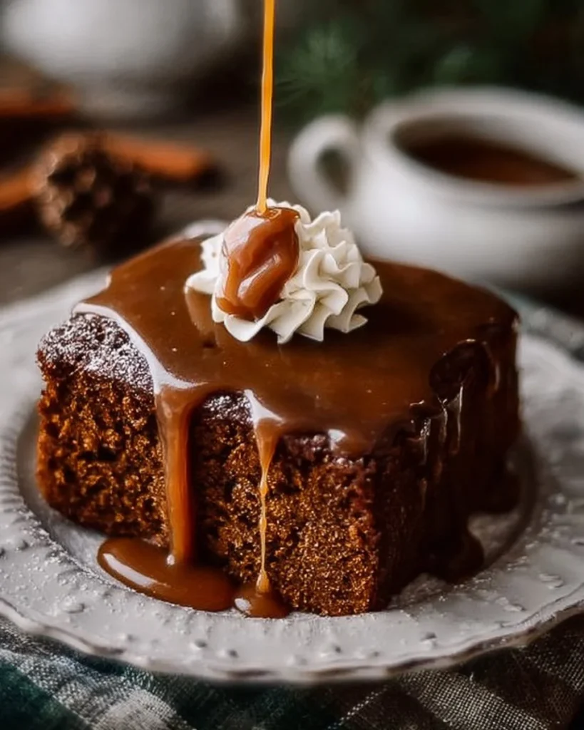 Moist gingerbread cake topped with homemade caramel sauce