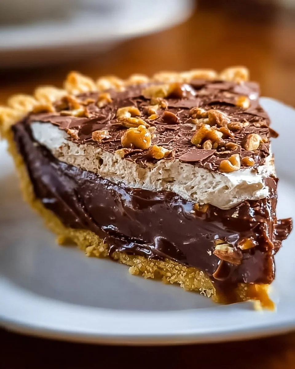 Gooey caramel chocolate pie topped with rich chocolate and caramel drizzle