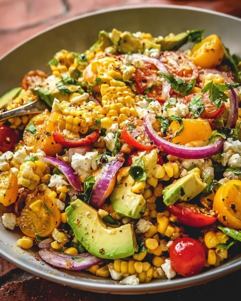 Gorgeous grilled corn salad with fresh avocado and vibrant vegetables