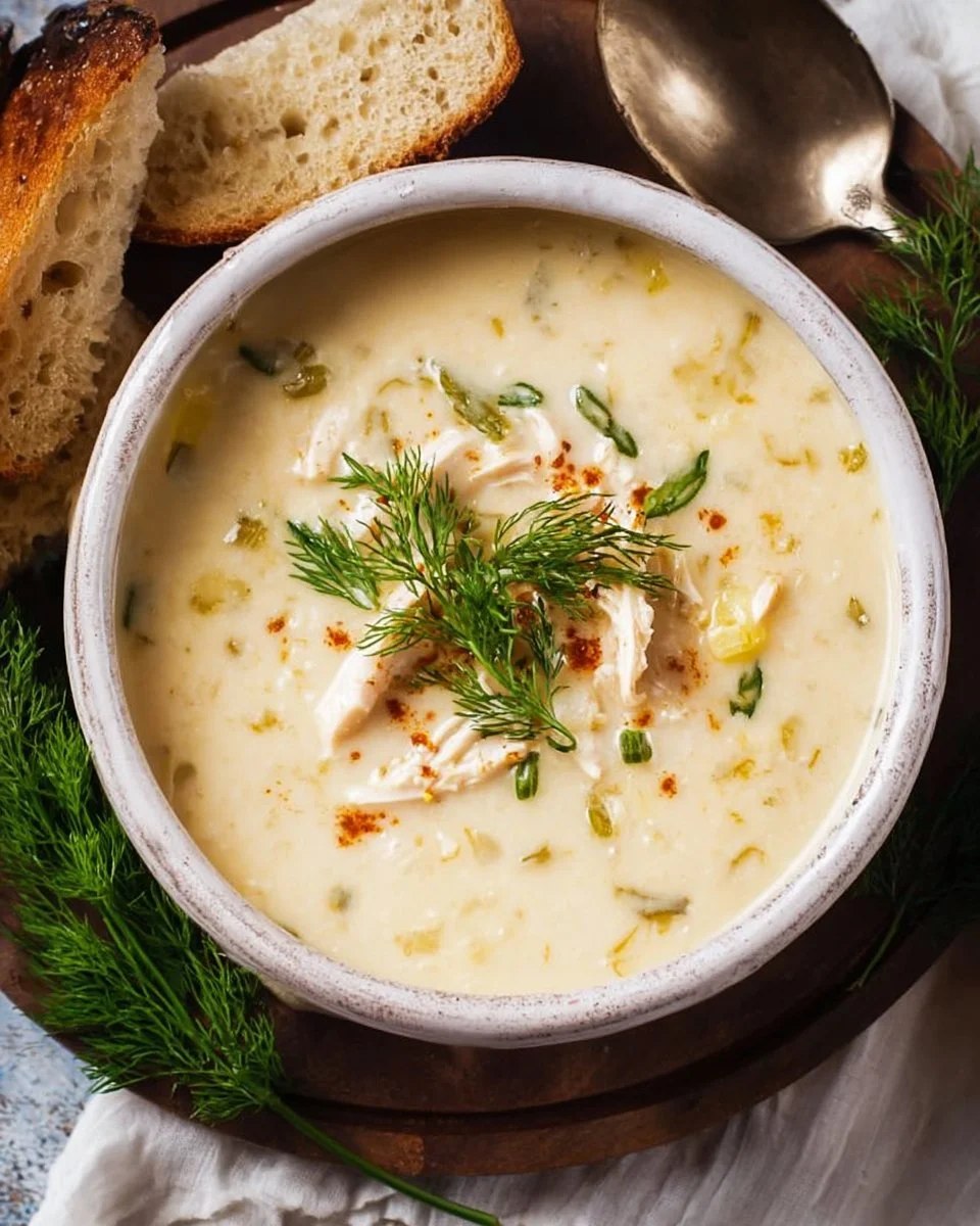Delicious bowl of Greek Avgolemono Soup garnished with fresh herbs