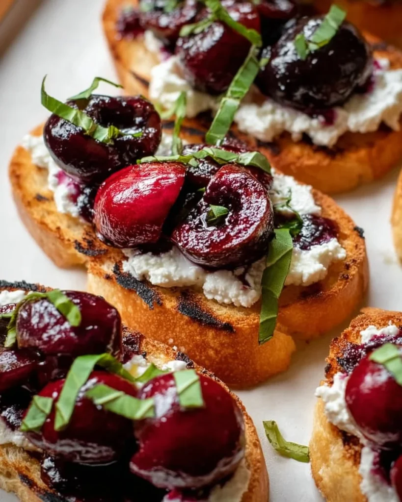 Grilled crostini with roasted cherries, goat cheese, and basil on a wooden board.