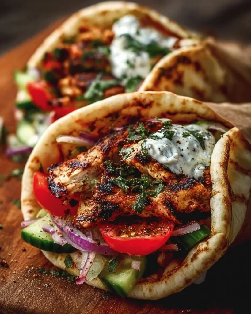 Delicious Grilled Greek Chicken Gyros wrapped with fresh vegetables and tzatziki sauce.