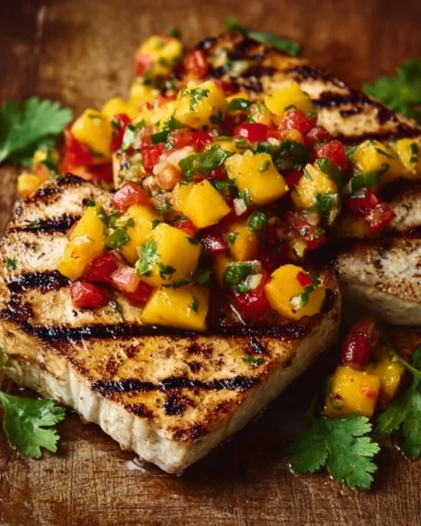 Grilled swordfish steaks served with colorful mango salsa on a plate